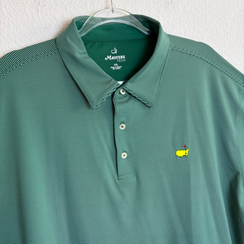 Masters Tech Mens XXL Green White Micro Stripe Golf Polo Shirt Classic Augusta